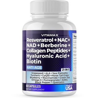 Resveratrol NAD Berberine Hyaluronic Acid - Biotin Grape Blueberry NAC - Collagen Peptides - Hair, Nail, Skin Joint Supplement - 21-in-1 Women and Men - Made in USA 60 Count Pack of 1