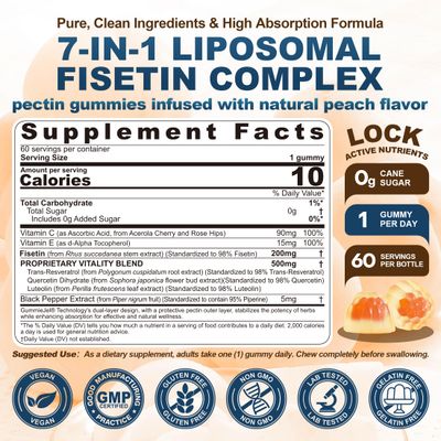 Liposomal Fisetin 200mg Resveratrol Complex 500mg Liquid Gummies - Longevity Cell Renewal Support - 98 High Purity Fisetin,Trans-Resveratrol Quercetin Luteolin with Vitamins C E, 1-A-Day, 60Cts