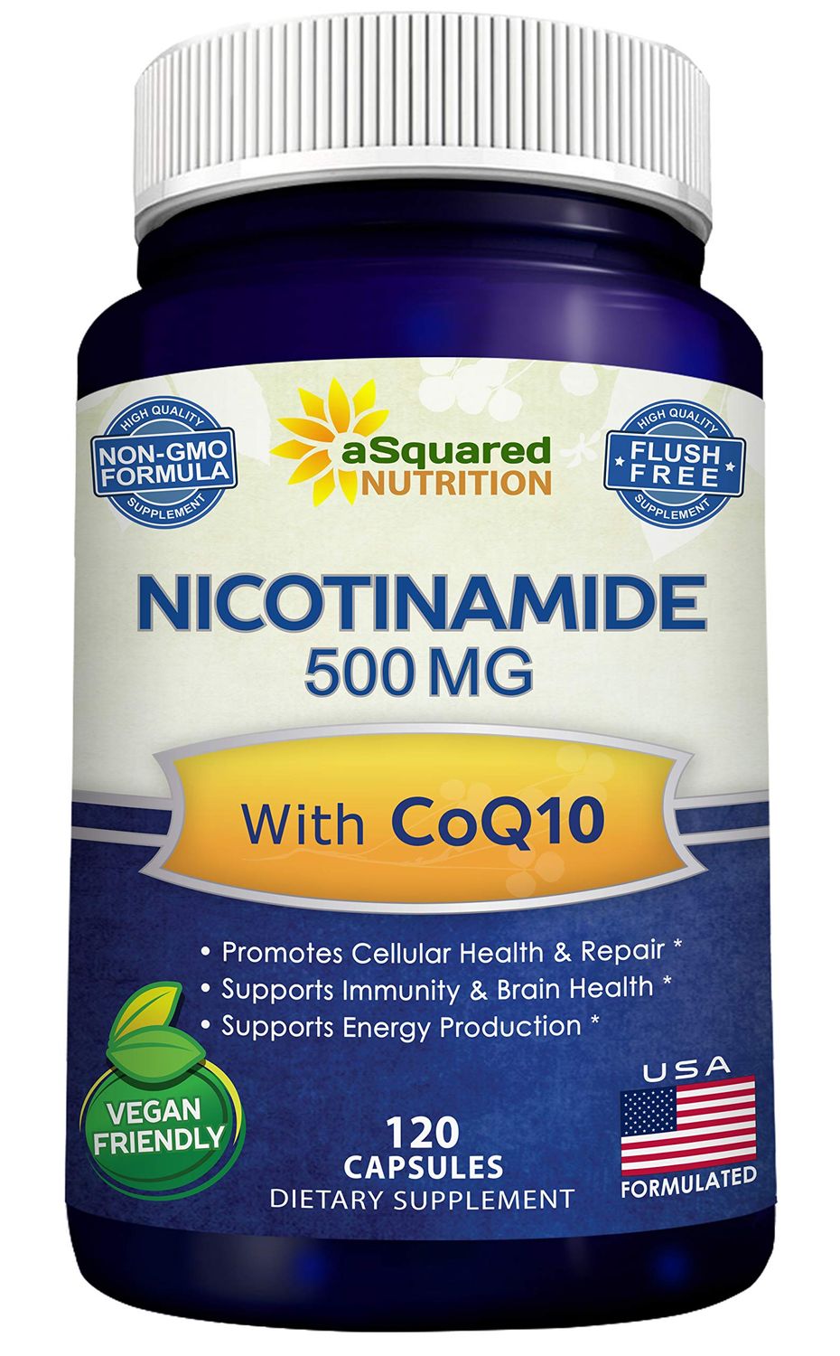 Nicotinamide with CoQ10 120 Capsules - Vitamin B3 500mg Niacinamide Flush Free - Coenzyme Q10 Powder - VIT B-3 Coq 10 Supplement Pills to Support Energy, NAD, Skin Cell Health