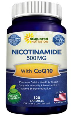 Nicotinamide with CoQ10 120 Capsules - Vitamin B3 500mg Niacinamide Flush Free - Coenzyme Q10 Powder - VIT B-3 Coq 10 Supplement Pills to Support Energy, NAD, Skin Cell Health