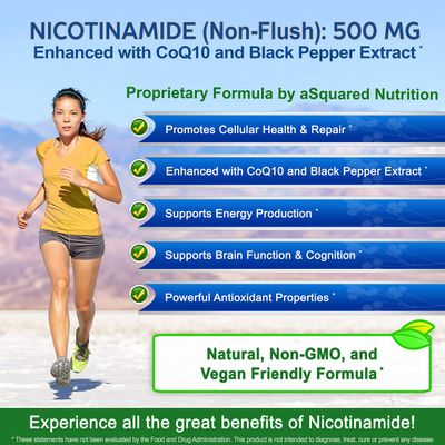 Nicotinamide with CoQ10 120 Capsules - Vitamin B3 500mg Niacinamide Flush Free - Coenzyme Q10 Powder - VIT B-3 Coq 10 Supplement Pills to Support Energy, NAD, Skin Cell Health