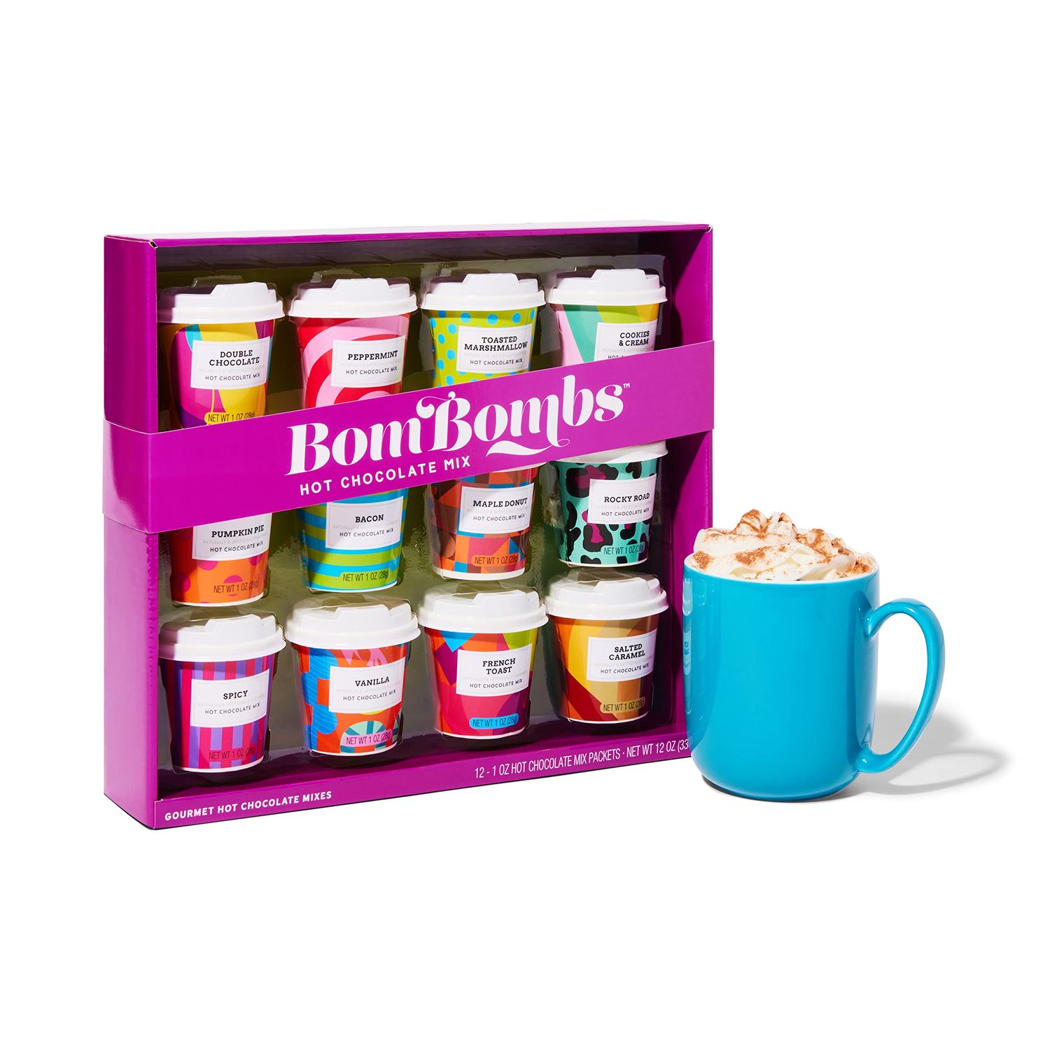 BomBombs, Hot Chocolate Mix Gift Set with Mini Cup Packaging, Dessert Flavors Include Rocky Road, Cookies Butter, Pumpkin Pie More, Set of 12