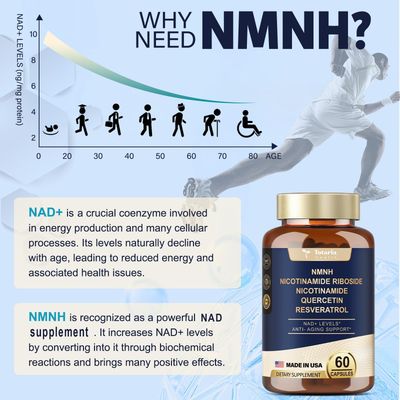 Totaria NMNH NAD or NMN Alternative Supplement Dihydronicotinamide Mononucleotide Ultra Strength, NAD Support wNR, Resveratrol Quercetin, Ultra Absorption for Anti-Aging, Vegan, USA Made