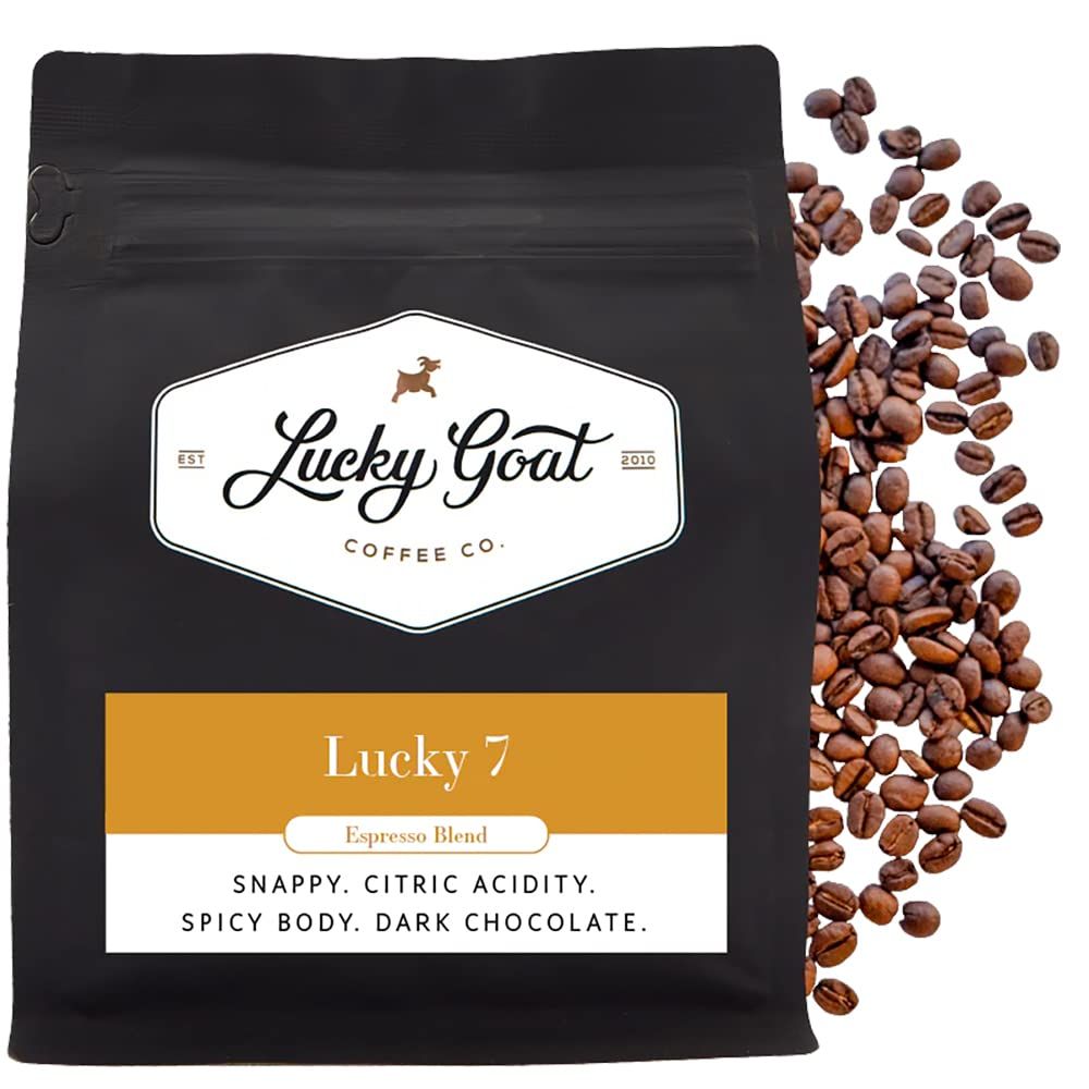 Lucky Goat Espresso Blend Whole Bean Coffee - Lucky 7 - Snappy, Spicy Body, Citric Acidity, Dark Chocolate, Complex - Medium Roast, 12 Ounce Bag, 100 Arabica