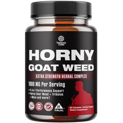 Horny Goat Weed for Men Enhancement - Extra Strength Male Enhancing Supplement with Black Maca Root, Tongkat Ali, Saw Palmetto Panax Ginseng Extract for Stamina Energy - 60 Capsules
