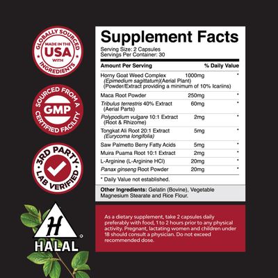 Horny Goat Weed for Men Enhancement - Extra Strength Male Enhancing Supplement with Black Maca Root, Tongkat Ali, Saw Palmetto Panax Ginseng Extract for Stamina Energy - 60 Capsules