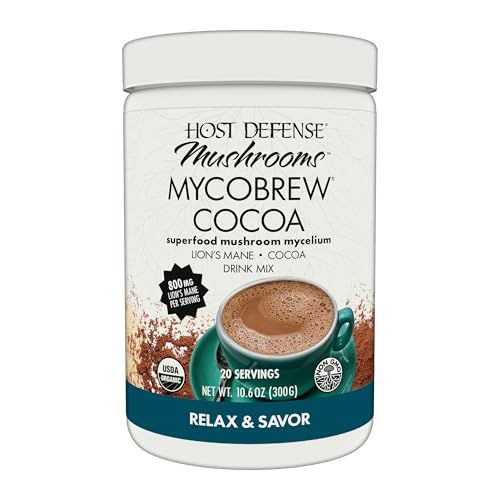 Host Defense MycoBrew Cocoa - Cocoa Drink Mix Includes Lions Mane Mushroom Powder - Superfood Powder Drink Mix with Fair Trade Certified Chocolate - 10.6 oz 20 Servings