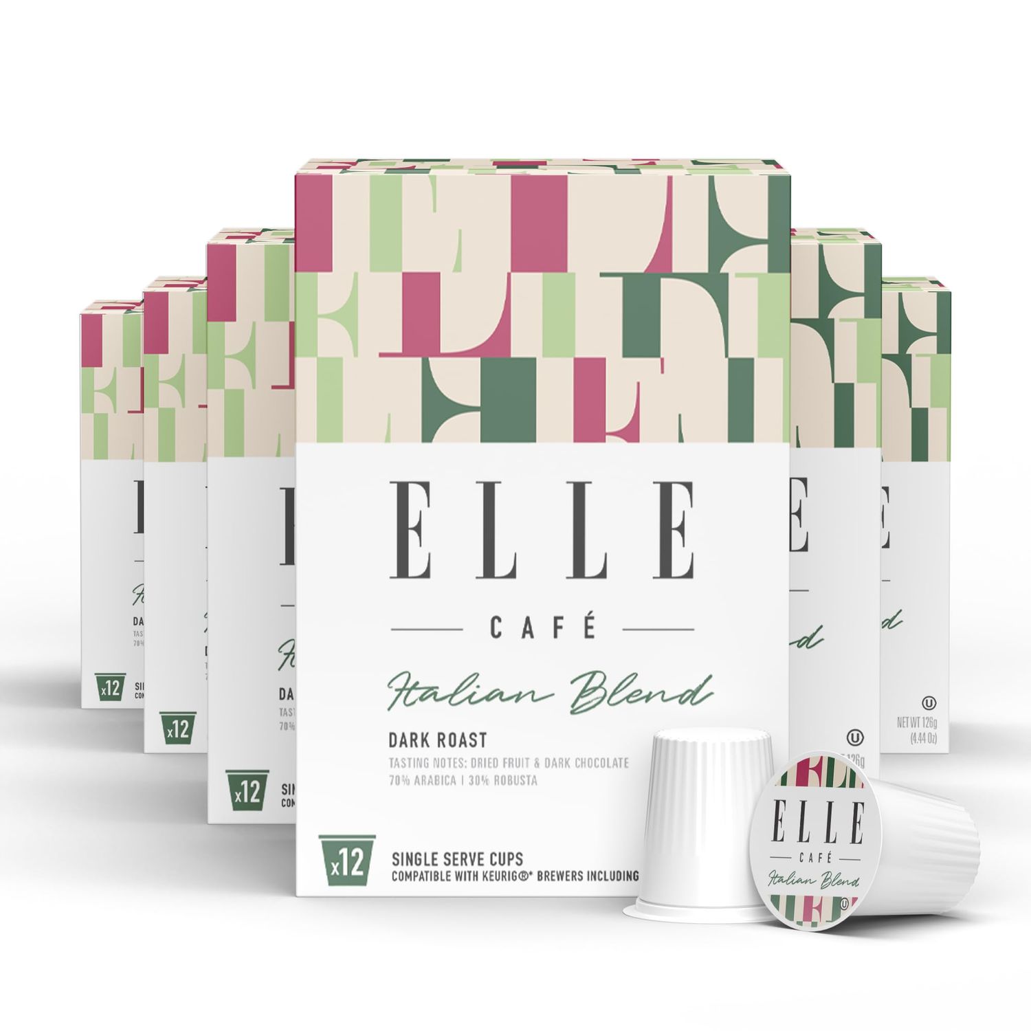 ELLE Caf Italian Blend K-Cup Coffee Pods - 72 Count - 100 Arabica Coffee, Flavor Notes of Dried Fruit Dark Chocolate - Single-Serve Coffee Pods