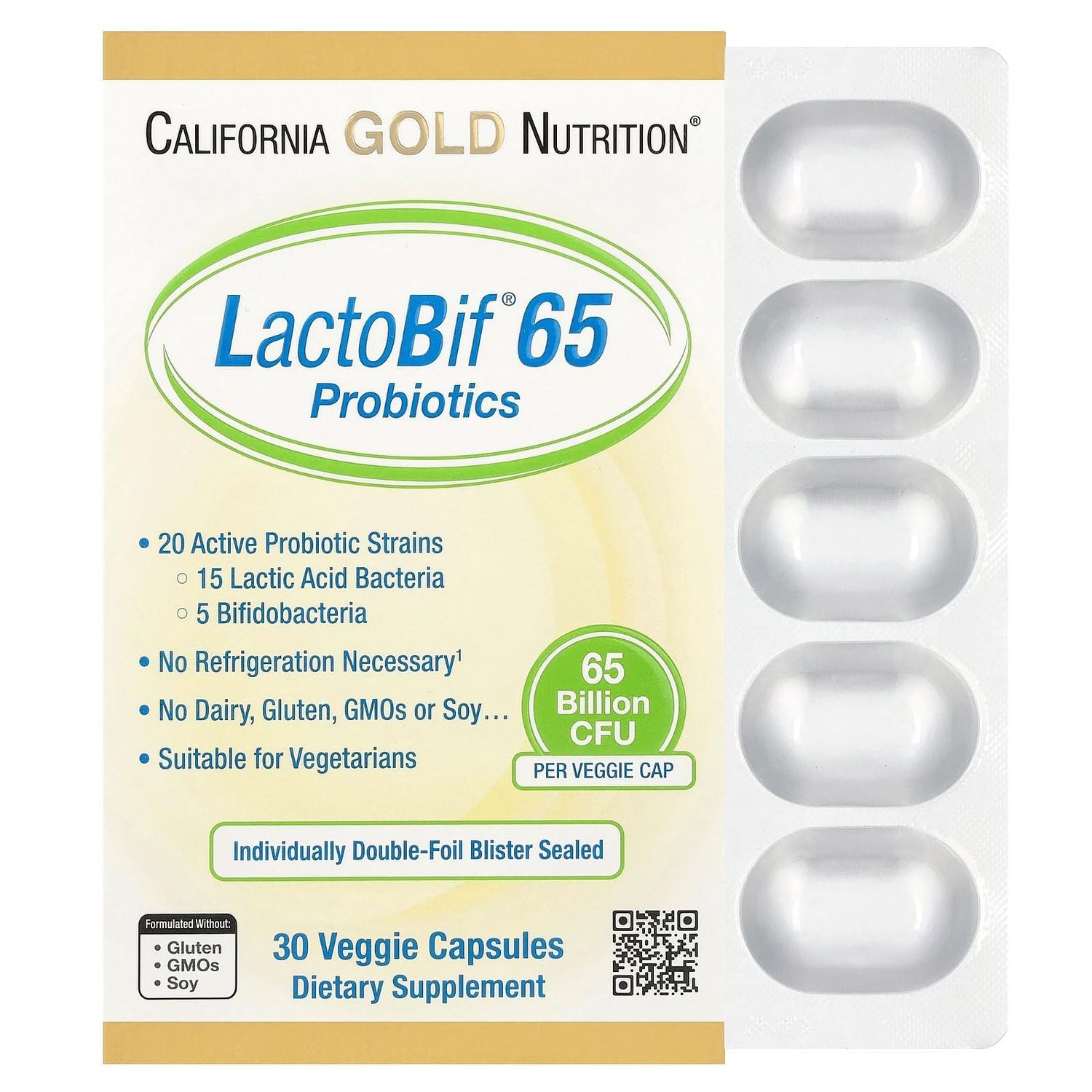 LactoBif Probiotics, 65 Bllion CFU, 20 Active Clinically Researched Probiotic Strains, Soy-Free, Sugar-Free, Vegetarian, Individually Double-foil Blister Sealed, 30 Veggie Capsules