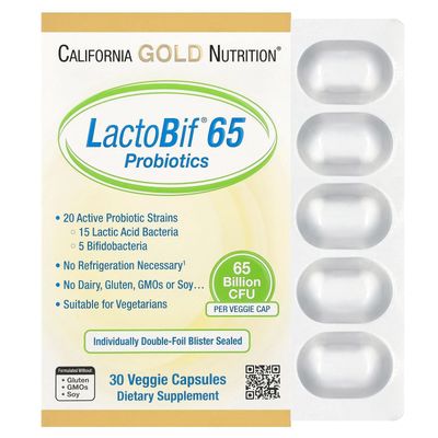 LactoBif Probiotics, 65 Bllion CFU, 20 Active Clinically Researched Probiotic Strains, Soy-Free, Sugar-Free, Vegetarian, Individually Double-foil Blister Sealed, 30 Veggie Capsules