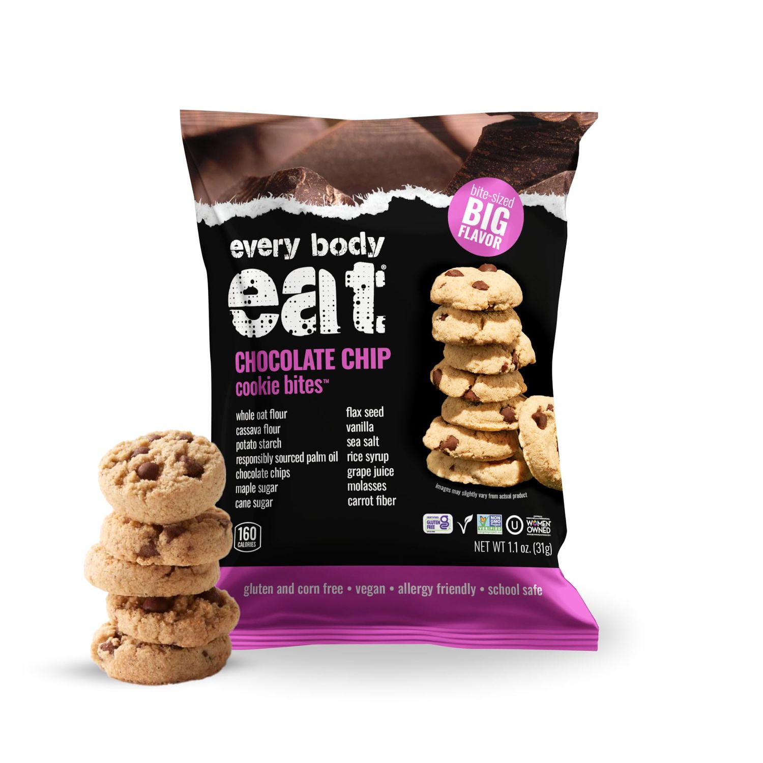 Every Body Eat Crunchy Cookie Bites, Gluten Dairy Free, Vegan, School Safe Lunch Snacks, Single Serve Pack of 20 Chocolate Chip