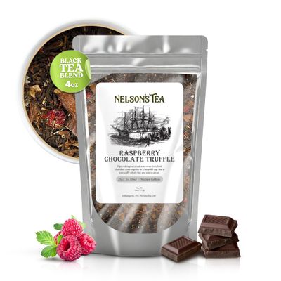 Nelsons Tea Raspberry Chocolate Truffle - Loose Leaf Black Tea with Raspberry Leaf, Chocolate Rooibos, Truffle Essence, Carob Beans, Hibiscus Chocolate Chips, Infused with Natural Flavors - 4 oz.