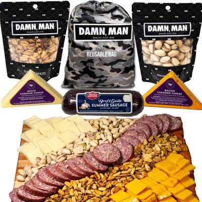 Variety Food Gift Basket for Men - Over 1 12 lbs of Cheese, Sausage, Nuts in Camo Bag, Unique Easter, Birthday Gift for Men, Care Package, Charcuterie Meat and Cheese Gift Basket, Snack