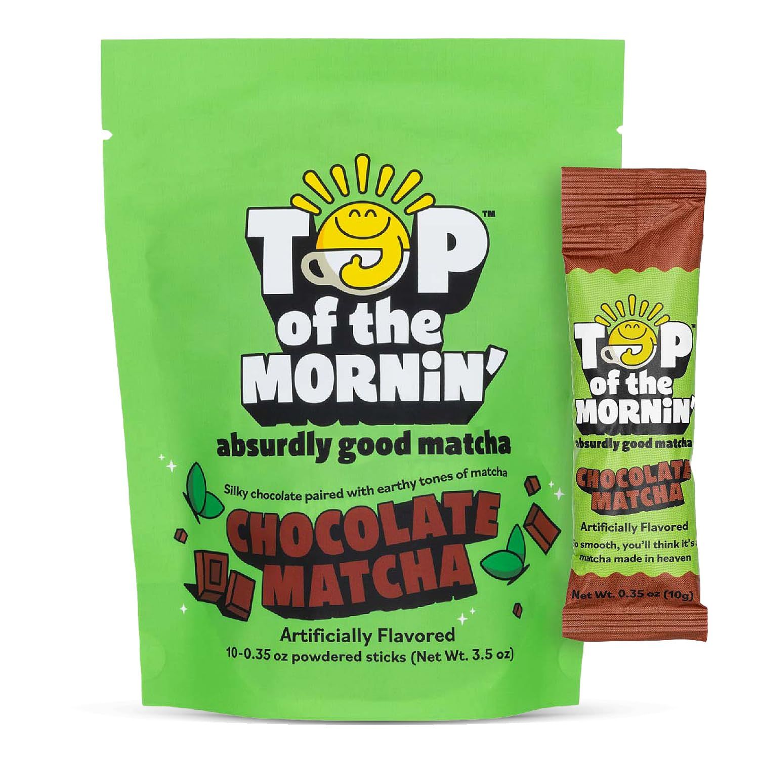 Top of the Mornin Green Tea Chocolate Matcha Latte, 10 Individual Packets of Flavored Matcha, Enjoy Hot or Cold, Single Serve Mix