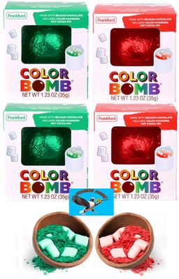 Color Hot Chocolate Cocoa Bombs Red Green 4 Count - Colorful Belgian Chocolate with Mini Marshmallows Inside - Includes PITCHING PIGEON Magnet