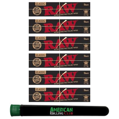 RAW Black Rolling Papers King Size Slim Classic 6 Packs With American Rolling Club Tube