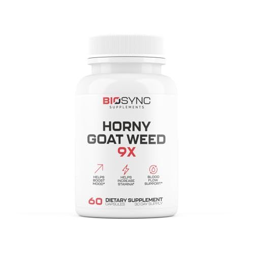 BioSync 9 in 1 Horny Goat Weed Pills for Men Fast Acting Blood Flow Performance Supplement for Size, Muscle Mass, Circulation 9 Ultra Ingredients for Fast Results Proven to Work - 60 Caps
