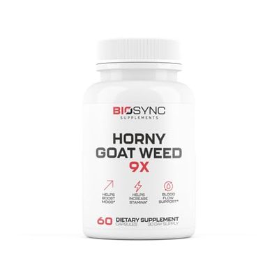 BioSync 9 in 1 Horny Goat Weed Pills for Men Fast Acting Blood Flow Performance Supplement for Size, Muscle Mass, Circulation 9 Ultra Ingredients for Fast Results Proven to Work - 60 Caps
