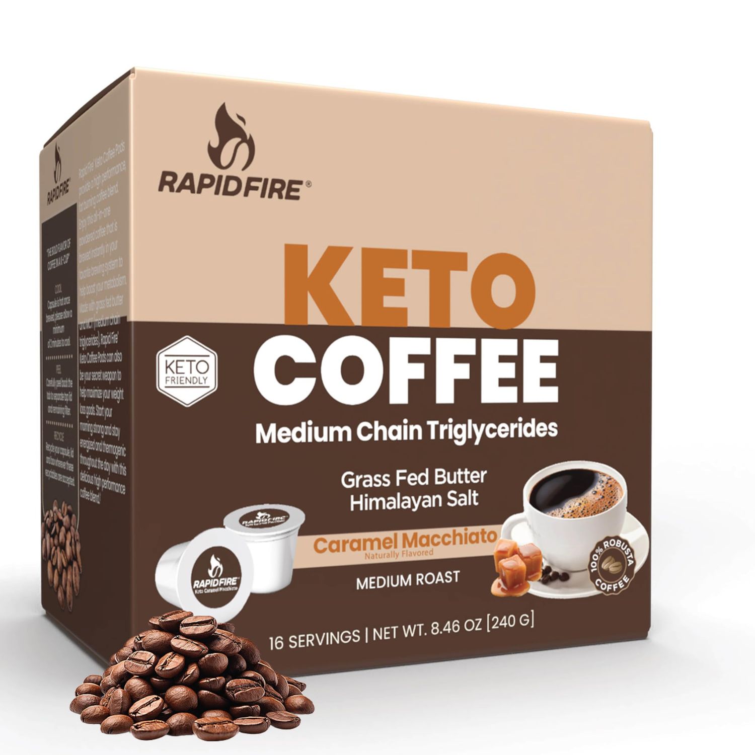 Rapidfire Caramel Macchiato Ketogenic High Performance Keto Coffee Pods, Supports Energy Metabolism, Weight Management, Single Serve K Cup, Brown, 16 Count