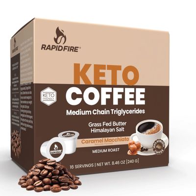 Rapidfire Caramel Macchiato Ketogenic High Performance Keto Coffee Pods, Supports Energy Metabolism, Weight Management, Single Serve K Cup, Brown, 16 Count