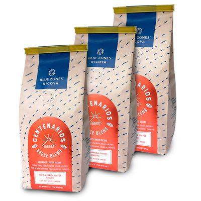 Blue Zones Nicoya - Centenarios Ground Coffee - 100 Arabica Dark Roast, House Blend - Robust Dark Chocolate Flavor - All Natural, Gluten Sugar-Free - Pack of 3 12oz 340g