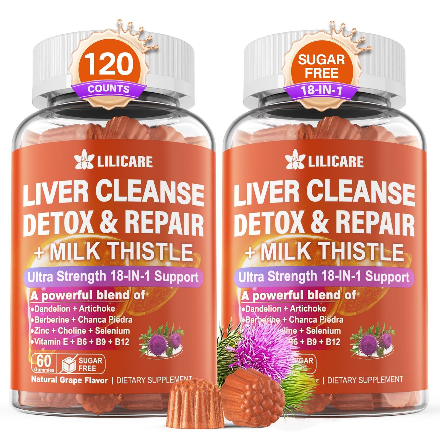 Milk Thistle Liver Detox Gummies, 18-IN-1 Liver Cleanse Detox Repair Supplement with Organic Berberine, Chicory Root, Turmeric, Artichoke, Dandelion Root, Chanca Piedra, Vitamins B6 B9 B12,Pack of 2