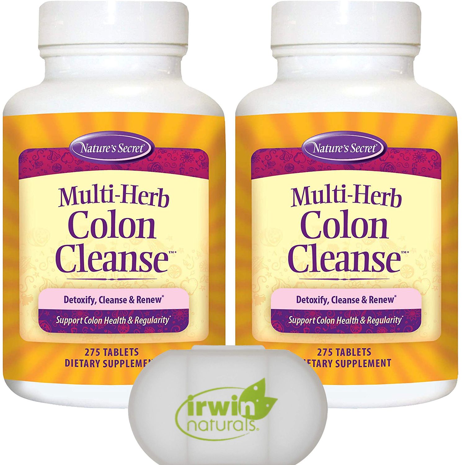 Natures Secret Multi-Herb Colon Cleanse Detoxify, Cleanse Renew, Support Colon Health and Regularity, 2 Pack of 275 Tablets, with a Pill Case