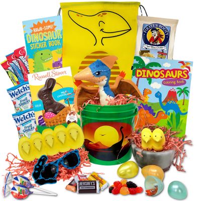 Dinosaur Easter Gift Basket For Kids, Boys, Girls - Filled with Easter Eggs, Candy, Chocolate - Great Easter Care Package for Family and Friends