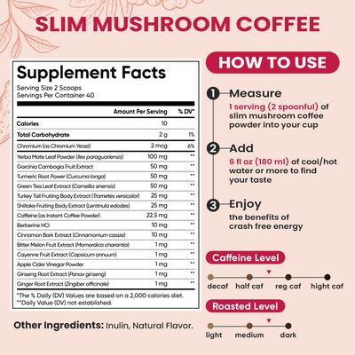 Venture Pal Slim Mushroom Coffee for Weight Loss, Instant Organic Coffee with Berberine, Cinnamon, Yerba Mate, Turmeric, More, 1800mg10:1 Extract for Diet Support Metabolism Boost - 40 Servings