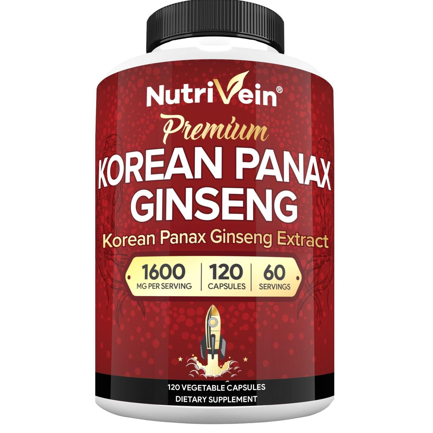 Nutrivein Premium Korean Red Panax Ginseng Supplement 1600 mg - 120 caps - Powerful Korean Red Ginseng for Vitality, Clarity, Performance, Defenses