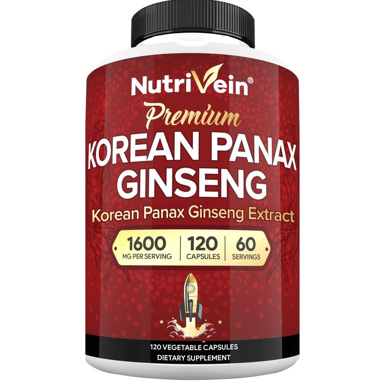 Nutrivein Premium Korean Red Panax Ginseng Supplement 1600 mg - 120 caps - Powerful Korean Red Ginseng for Vitality, Clarity, Performance, Defenses