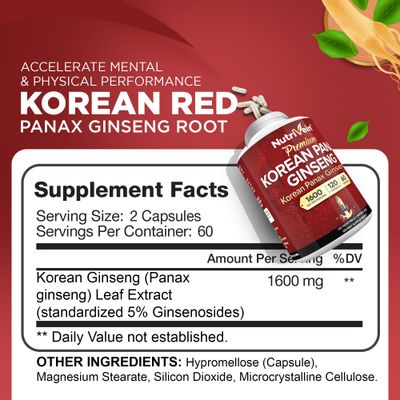 Nutrivein Premium Korean Red Panax Ginseng Supplement 1600 mg - 120 caps - Powerful Korean Red Ginseng for Vitality, Clarity, Performance, Defenses