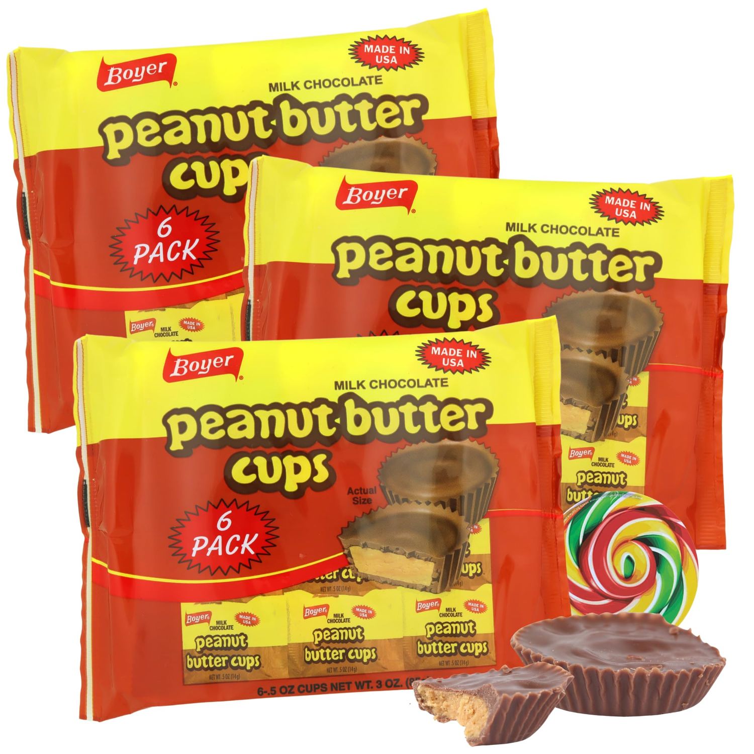 Sweetzo - Bulk Boyer Peanut Butter Cups, Milk Chocolate Candies with Creamy Center, Individually Wrapped Pieces, Each Cup is 0.5 Ounces Pack of 3