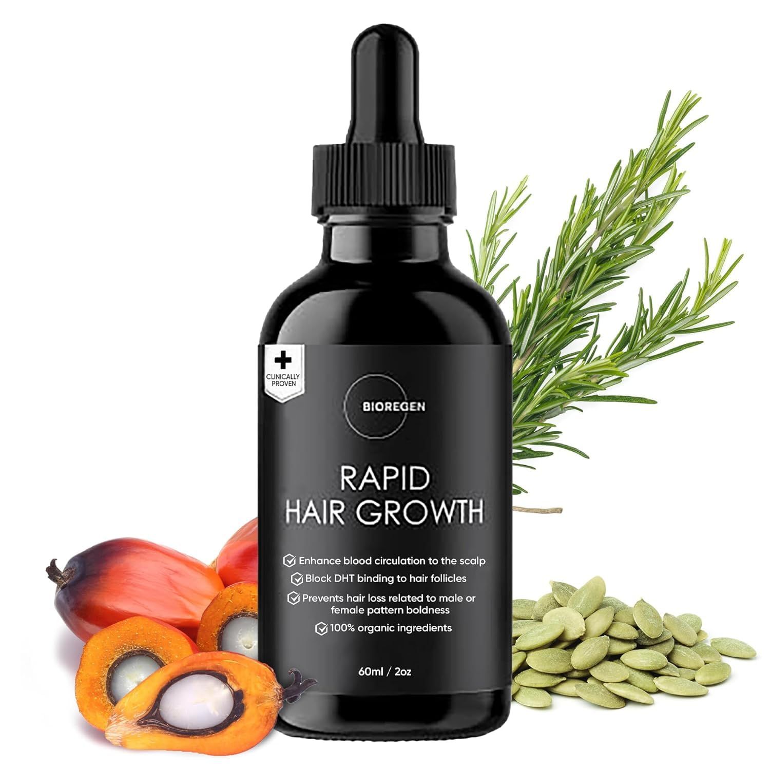 Bioregen co. Rapid Hair Growth Oil for Men and Women Clinically Proven Organic Rosemary, Pumpkin Seed and Batana DHT Blocker Minoxidil Alternative Scalp Serum for Thinning Hair 2oz