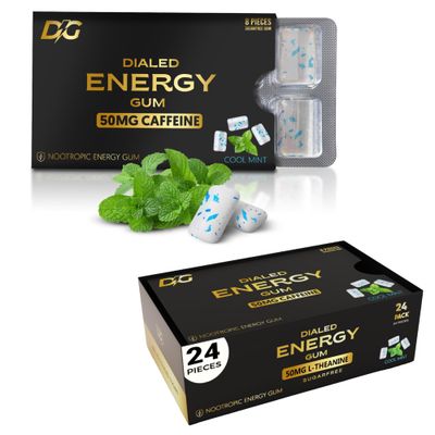 Dialed Energy Caffeine Gum 24pc 50mg Caffeine Sugar Free Gum with L-theanine Taurine Vitamins B6 B12 Aspartame Free, 0 Calories Nootropic Energy - Xylitol Gum Cool Mint