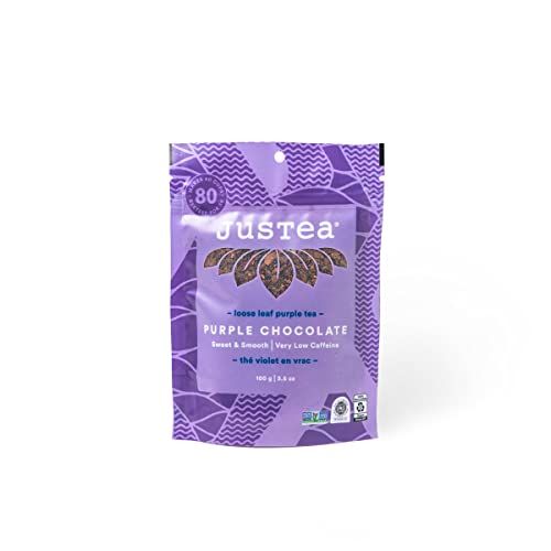 JusTea PURPLE CHOCOLATE Loose Leaf Purple Tea Recyclable Refill Pouch 40 Cups 3.5oz Very Low Caffeine Award-Winning Fair Trade Non-GMO