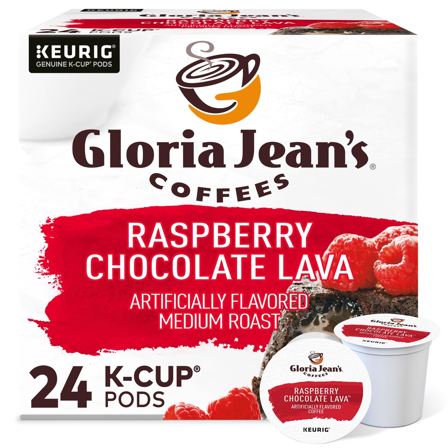 Gloria Jeans Coffees Raspberry Chocolate Lava, Single-Serve Keurig K-Cup Pods, Flavored Medium Roast Coffee, 24 Count