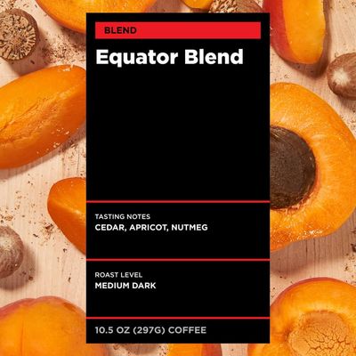 Equator Coffees, Equator Blend Whole Bean Coffee, Medium Dark Roast, Fresh Roasted, Smooth Chocolate Nutmeg Flavor Notes, Sustainable, 10.5 oz Bag