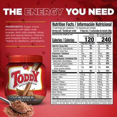 Toddy Chocolate Powder Drink Mix - Breakfast Shake with Vitamins and Proteins, Instant Hot and Cold Beverage for Kids Adults, 14.10 Oz Pack of 12