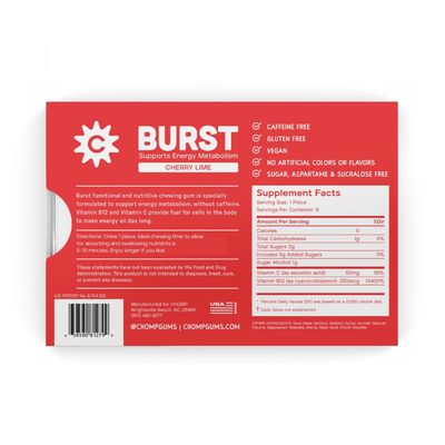 Chomp Burst Gums - Healthy Chewing Gum - Caffeine Free - Vitamin B12 Vitamin C - Energy Support for Women Men - Cherry Lime Flavor - Gluten Sugar Free - Aspartame Sucralose Free