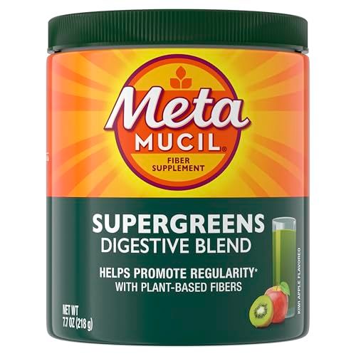 Metamucil Greens SuperFood Powder Fiber Supplement for Digestive Health and Regularity, Gluten Free Plant-Based Stevia, Great Taste Kiwi Apple Flavored, 3g Dietary Fiber per Serving, 42 Servings