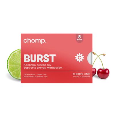 Chomp Burst Gums - Healthy Chewing Gum - Caffeine Free - Vitamin B12 Vitamin C - Energy Support for Women Men - Cherry Lime Flavor - Gluten Sugar Free - Aspartame Sucralose Free