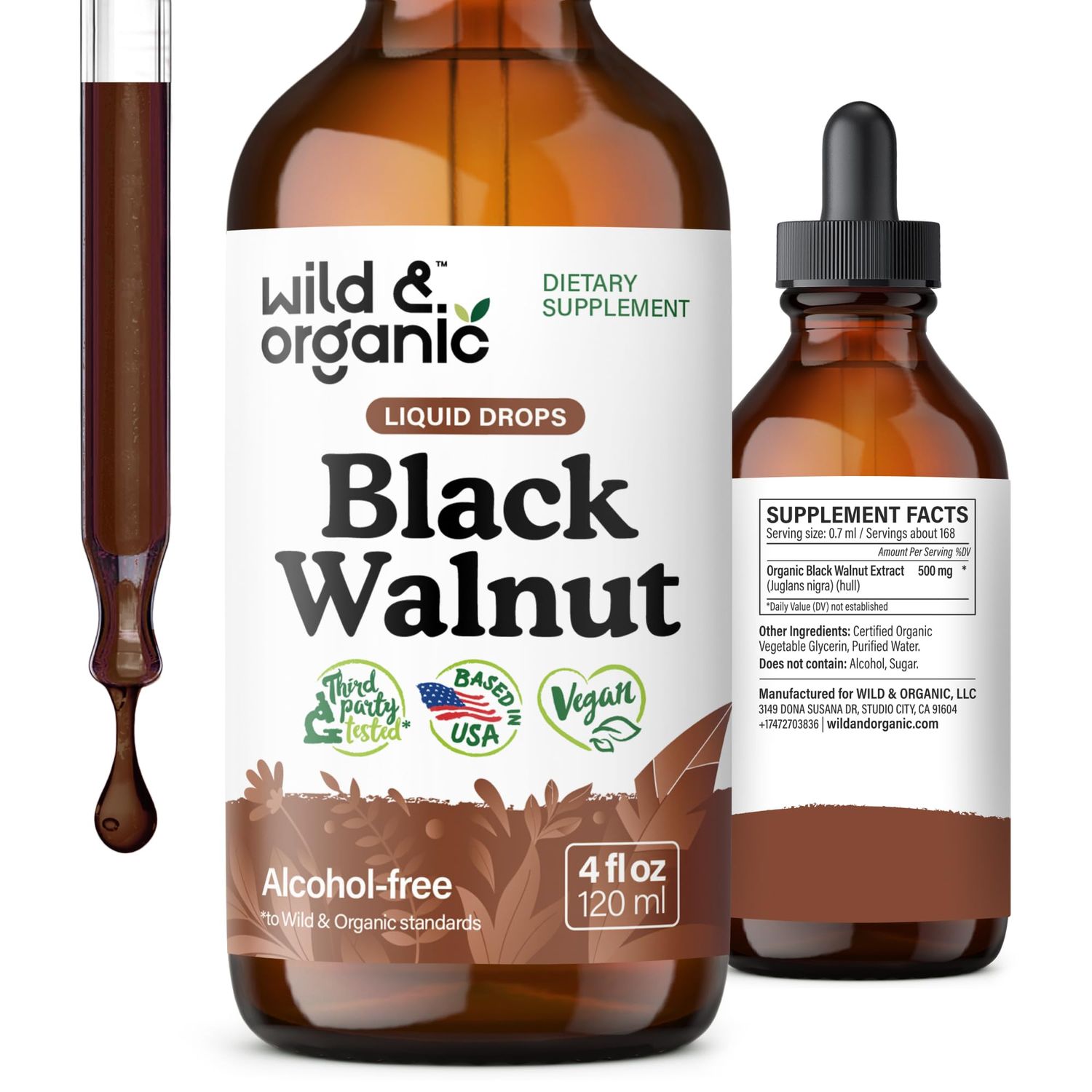 Wild Organic Black Walnut Tincture - Detox Cleanse wBlack Walnut Hull Extract - Herbal Supplement for Gut Cleanse Detox and Digestive Well-Being - Vegan, Sugar Alcohol-Free - 4 fl oz