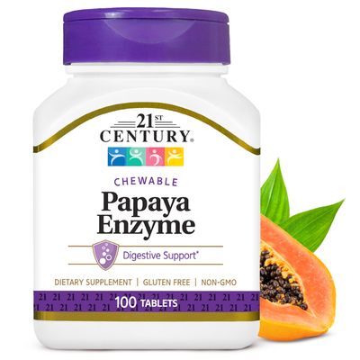 21st Century Papaya Enzyme Chewable 100 Count, Papaya Pineapple Digestive Enzymes for Gut Health, Tropical Flavor, Non-GMO, Gluten-Free, No Added Salt, Yeast, Artificial Flavors