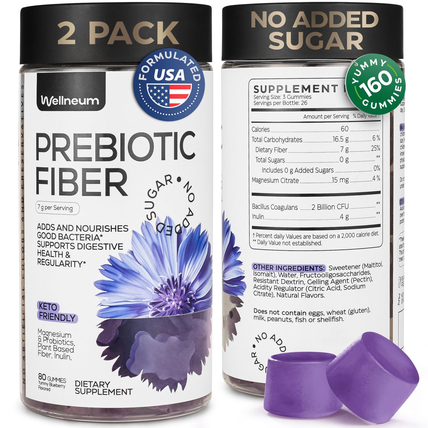 High Prebiotic Fiber Gummies for Women and Men 7G per Serving - Dietary Beet FOS Fiber, Magnesium Citrate, Inulin, Probiotic - Gummy Supplement for Digestive Health - No GMO, Sugar Free - 160 pcs