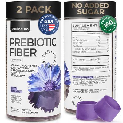 High Prebiotic Fiber Gummies for Women and Men 7G per Serving - Dietary Beet FOS Fiber, Magnesium Citrate, Inulin, Probiotic - Gummy Supplement for Digestive Health - No GMO, Sugar Free - 160 pcs
