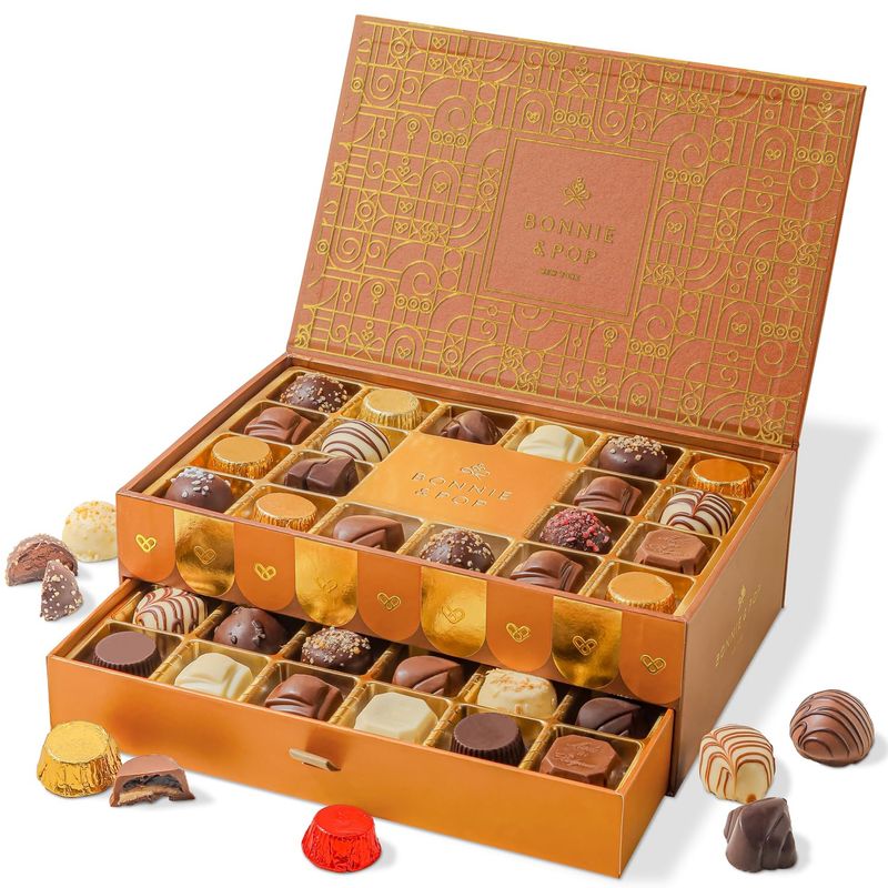 Chocolate Gift Basket, Candy Food Gifts, Gourmet Snack Box, Holiday Present Idea, Corporate Him &amp; Her, Men, Women, Two-Tier Box with Assorted Belgian Truffles, 10 Flavors, Bonnie and Pop (Copper)