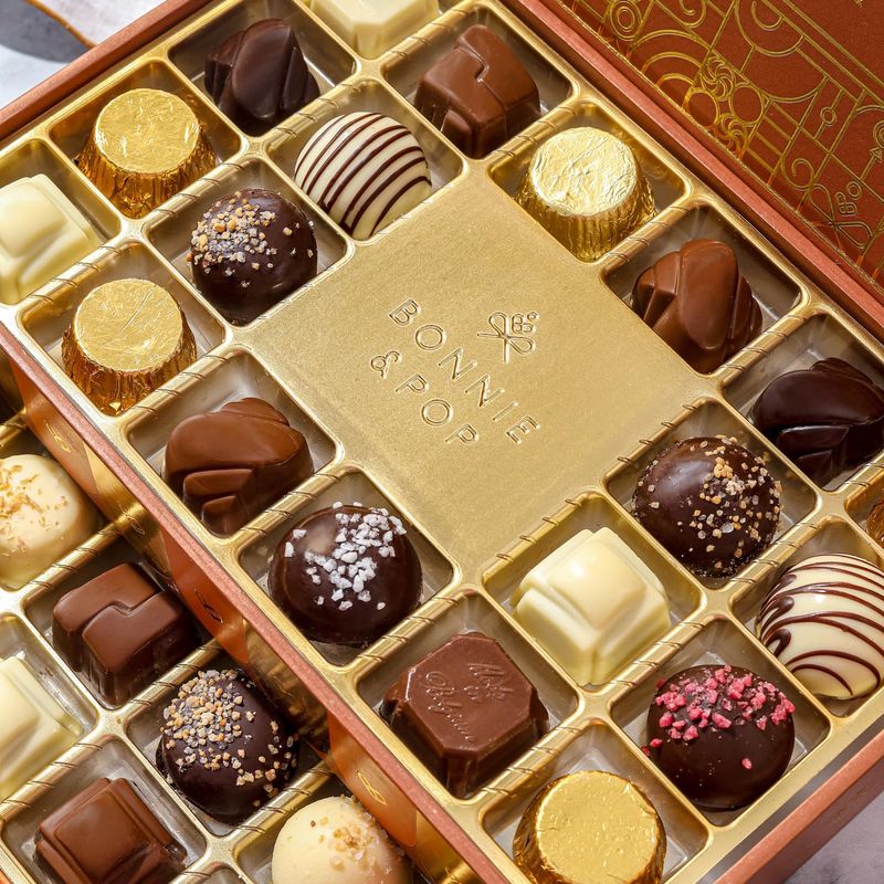 Chocolate Gift Basket, Candy Food Gifts, Gourmet Snack Box, Holiday Present Idea, Corporate Him &amp; Her, Men, Women, Two-Tier Box with Assorted Belgian Truffles, 10 Flavors, Bonnie and Pop (Copper)