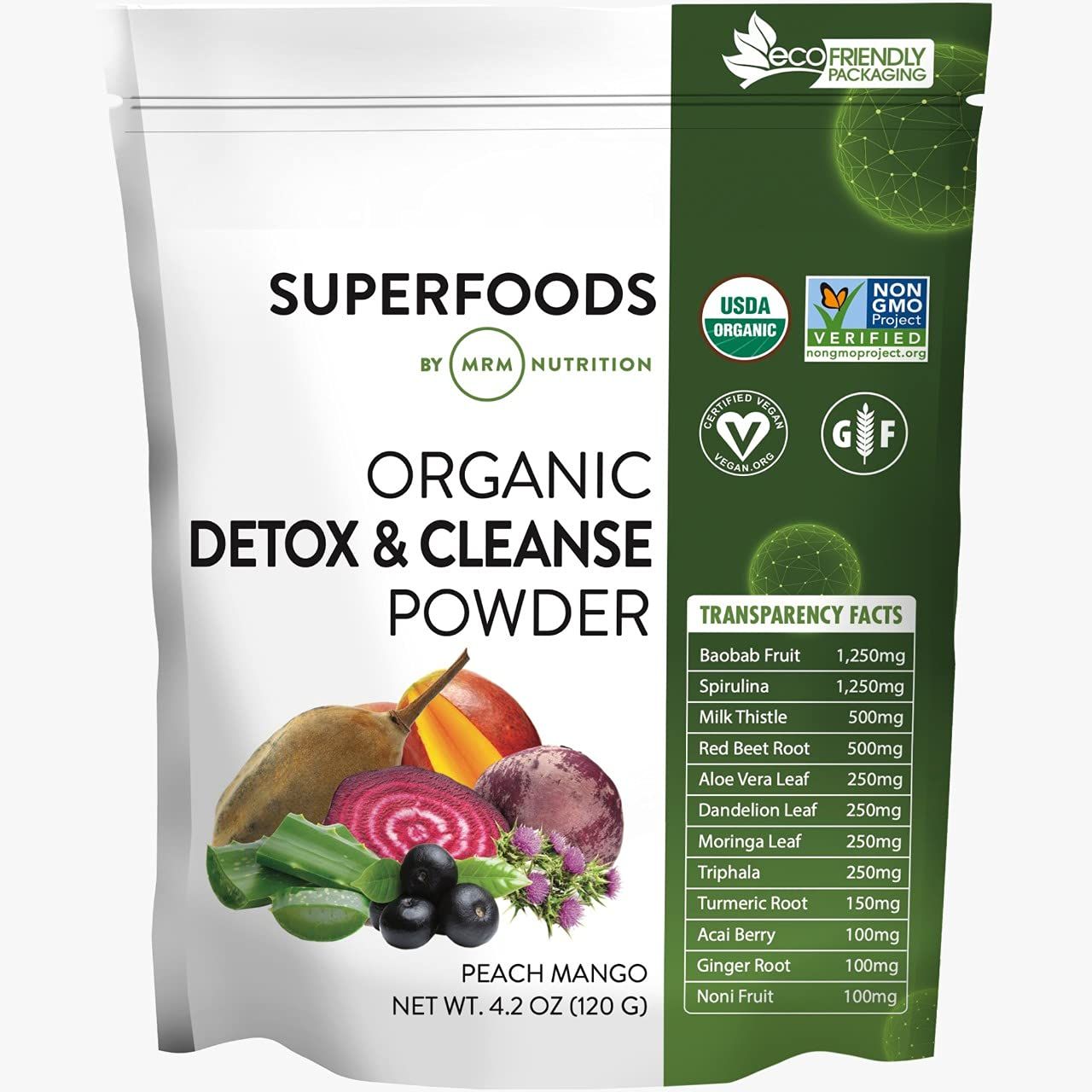 MRM Nutrition Organic Detox and Cleanse Powder Peach Mango Flavored Gentle Daily Detox Superfoods Antioxidants Chlorophyll Phycocyanin Electrolytes 15 Servings
