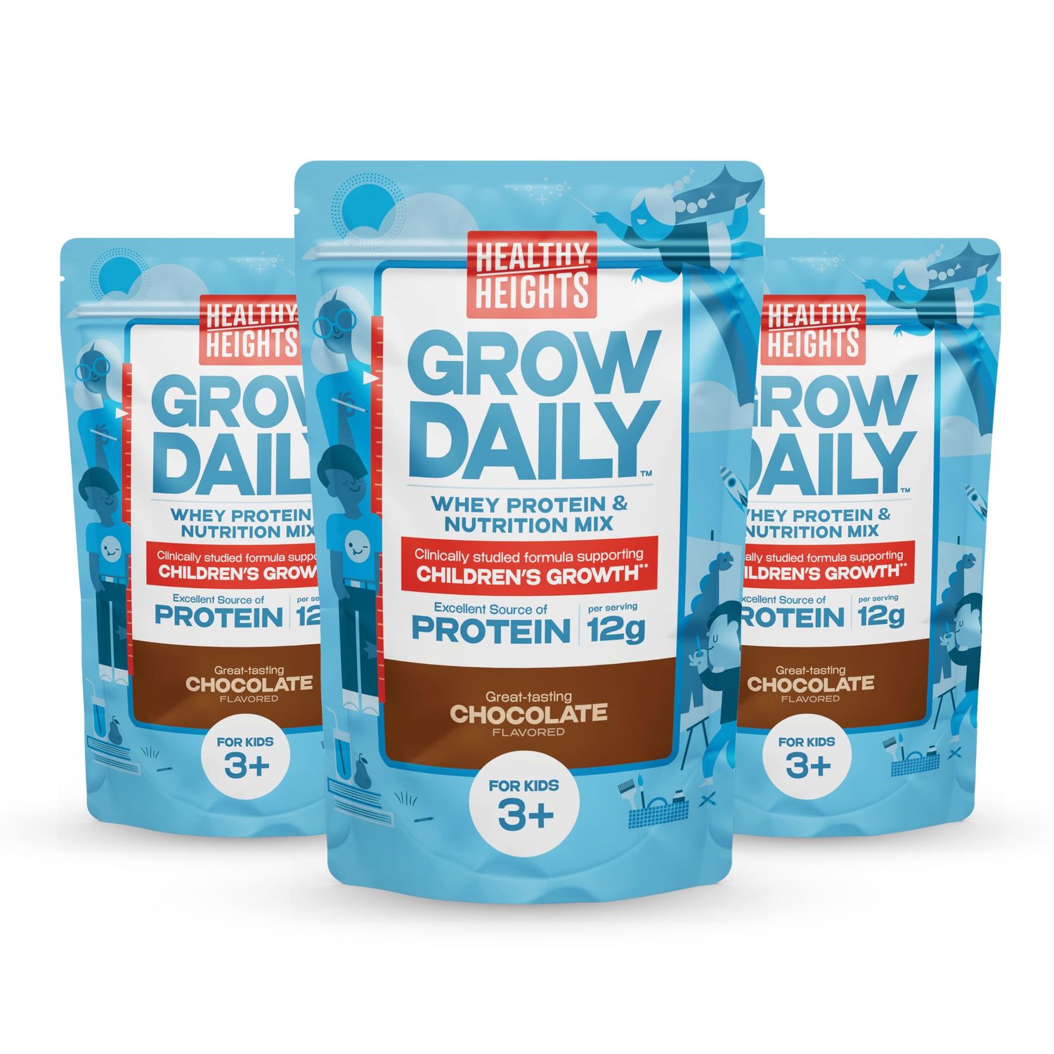 Healthy Heights Grow Daily Kids Protein Drink Mix Chocolate, 3 pack, High Protein Shake for Kids 3